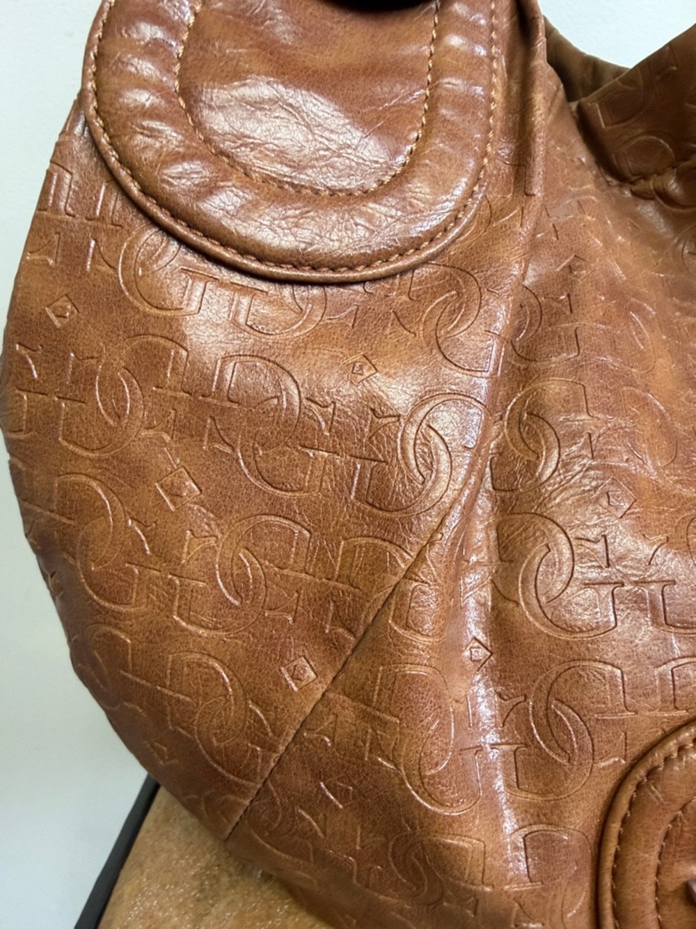 GUESS Vintage Brown Leather Hobo Bag Monogram Logo Y2K Shoulder Bag - Picture 8 of 14